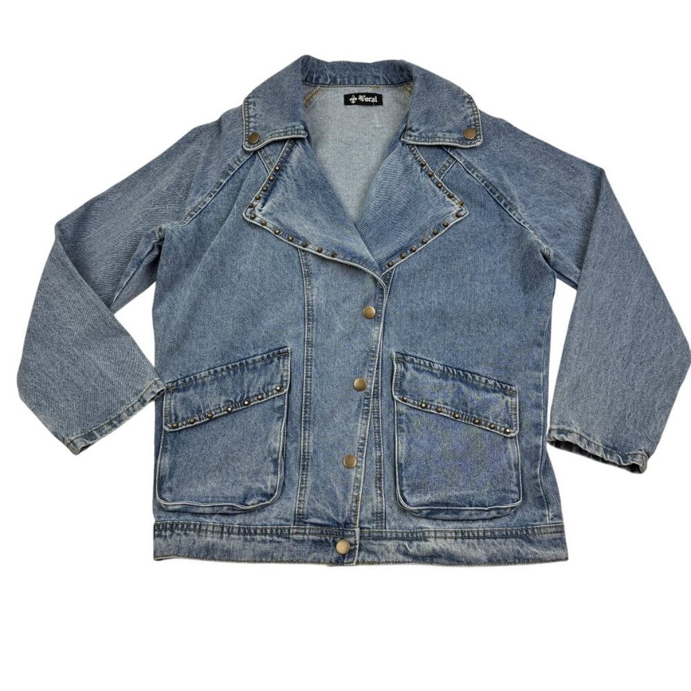Vocal Distressed Denim Moto Jacket With Brass Stud Details Women's Size Small